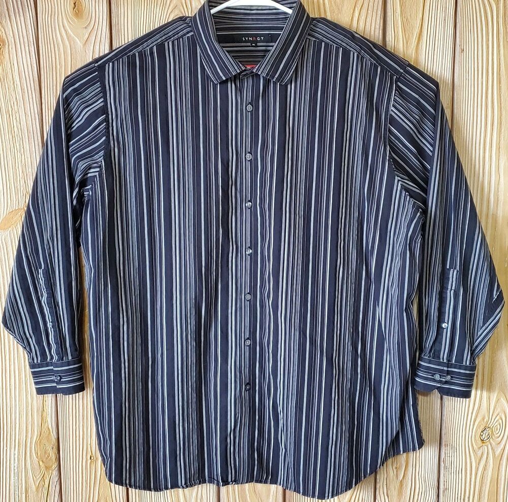 Synergy Shirt Men's 3XL Black Gray Striped Long Sleeve Button Up Cotton DXL